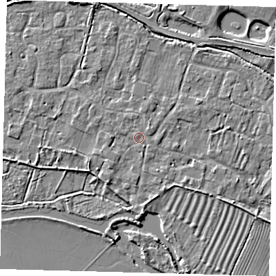 Shaded relief map of the ground around PE282AX, computed from Environment Agency LiDAR. The ground here sits at about 8 m above sea level and falls 5 m across the surrounding 800 m. Surface water reaching this point runs off ground lying to the west, 1.5 m higher.
