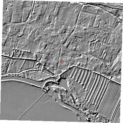 Shaded relief map of the ground around PE282AZ, computed from Environment Agency LiDAR. The ground here sits at about 8 m above sea level and falls 3 m across the surrounding 800 m. Surface water reaching this point runs off ground lying to the south, 2.3 m higher.