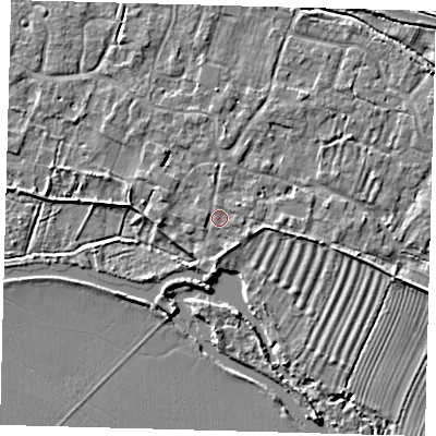 Shaded relief map of the ground around PE282BA, computed from Environment Agency LiDAR. The ground here sits at about 8 m above sea level and falls 3 m across the surrounding 800 m. Surface water reaching this point runs off ground lying to the south, 2.3 m higher.