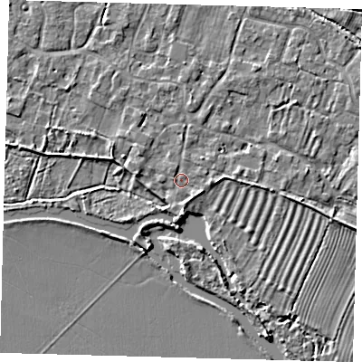 Shaded relief map of the ground around PE282BB, computed from Environment Agency LiDAR. The ground here sits at about 8 m above sea level and falls 3 m across the surrounding 800 m. Surface water reaching this point runs off ground lying to the south, 2.3 m higher.