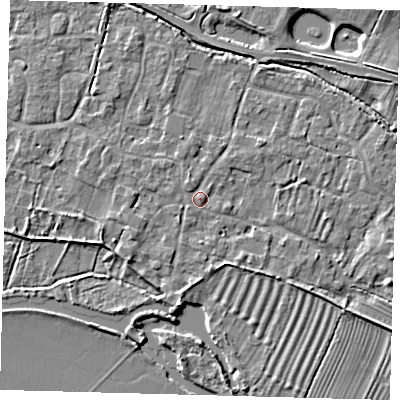 Shaded relief map of the ground around PE282BE, computed from Environment Agency LiDAR. The ground here sits at about 8 m above sea level and falls 7 m across the surrounding 800 m. Surface water reaching this point runs off ground lying to the north-west, 0.7 m higher.