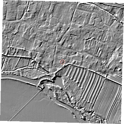 Shaded relief map of the ground around PE282BG, computed from Environment Agency LiDAR. The ground here sits at about 8 m above sea level and falls 4 m across the surrounding 800 m. Surface water reaching this point runs off ground lying to the south-south-west, 1.1 m higher.