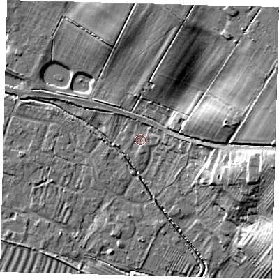 Shaded relief map of the ground around PE282BP, computed from Environment Agency LiDAR. The ground here sits at about 8 m above sea level and falls 28 m across the surrounding 800 m. Surface water reaching this point runs off ground lying to the east-north-east, 25.6 m higher.