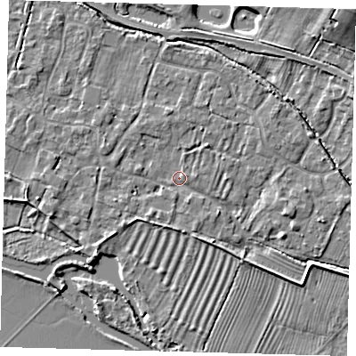 Shaded relief map of the ground around PE282BQ, computed from Environment Agency LiDAR. The ground here sits at about 7 m above sea level and falls 13 m across the surrounding 800 m. Surface water reaching this point runs off ground lying to the south-west, 2.6 m higher.