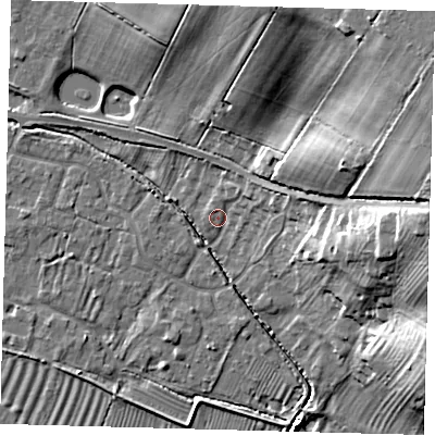 Shaded relief map of the ground around PE282BT, computed from Environment Agency LiDAR. The ground here sits at about 8 m above sea level and falls 28 m across the surrounding 800 m. Surface water reaching this point runs off ground lying to the east-north-east, 5.6 m higher.