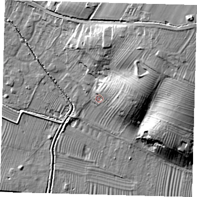 Shaded relief map of the ground around PE282DB, computed from Environment Agency LiDAR. The ground here sits at about 10 m above sea level and falls 33 m across the surrounding 800 m. Surface water reaching this point runs off ground lying to the east-north-east, 13.2 m higher.