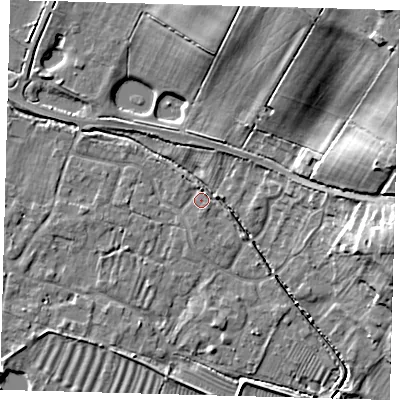 Shaded relief map of the ground around PE282DG, computed from Environment Agency LiDAR. The ground here sits at about 8 m above sea level and falls 27 m across the surrounding 800 m. Surface water reaching this point runs off ground lying to the east-north-east, 18.1 m higher.