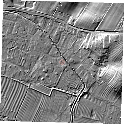Shaded relief map of the ground around PE282DQ, computed from Environment Agency LiDAR. The ground here sits at about 8 m above sea level and falls 28 m across the surrounding 800 m. Surface water reaching this point runs off ground lying to the south-south-west, 1.3 m higher.