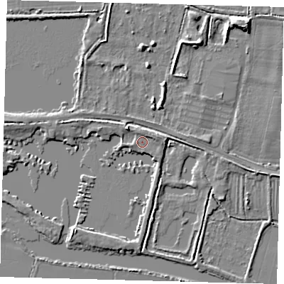Shaded relief map of the ground around PE282FG, computed from Environment Agency LiDAR. The ground here sits at about 9 m above sea level and falls 5 m across the surrounding 800 m. Surface water reaching this point runs off ground lying to the east-north-east, 1.3 m higher.