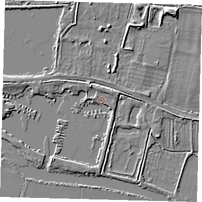 Shaded relief map of the ground around PE282FH, computed from Environment Agency LiDAR. The ground here sits at about 9 m above sea level and falls 5 m across the surrounding 800 m. Surface water reaching this point runs off ground lying to the north-east, 2.6 m higher.