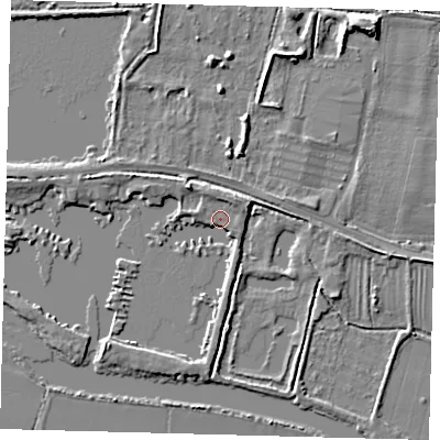 Shaded relief map of the ground around PE282FJ, computed from Environment Agency LiDAR. The ground here sits at about 9 m above sea level and falls 5 m across the surrounding 800 m. Surface water reaching this point runs off ground lying to the north-north-east, 2.6 m higher.