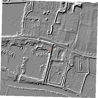Shaded relief map of the ground around PE282FL, computed from Environment Agency LiDAR. The ground here sits at about 9 m above sea level and falls 5 m across the surrounding 800 m. Surface water reaching this point runs off ground lying to the north-north-west, 1.3 m higher.