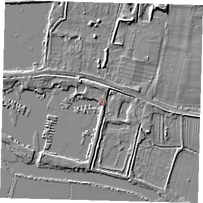 Shaded relief map of the ground around PE282FN, computed from Environment Agency LiDAR. The ground here sits at about 9 m above sea level and falls 5 m across the surrounding 800 m. Surface water reaching this point runs off ground lying to the north-north-east, 2.8 m higher.