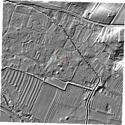 Shaded relief map of the ground around PE282FQ, computed from Environment Agency LiDAR. The ground here sits at about 8 m above sea level and falls 24 m across the surrounding 800 m. Surface water reaching this point runs off ground lying to the west-south-west, 0.8 m higher.