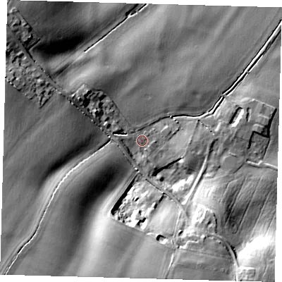 Shaded relief map of the ground around PE282FT, computed from Environment Agency LiDAR. The ground here sits at about 14 m above sea level and falls 27 m across the surrounding 800 m. Surface water reaching this point runs off ground lying to the west, 3.9 m higher.