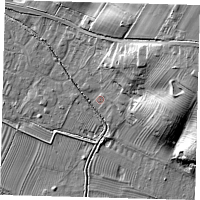 Shaded relief map of the ground around PE282FW, computed from Environment Agency LiDAR. The ground here sits at about 8 m above sea level and falls 30 m across the surrounding 800 m. Surface water reaching this point runs off ground lying to the north-east, 17.4 m higher.