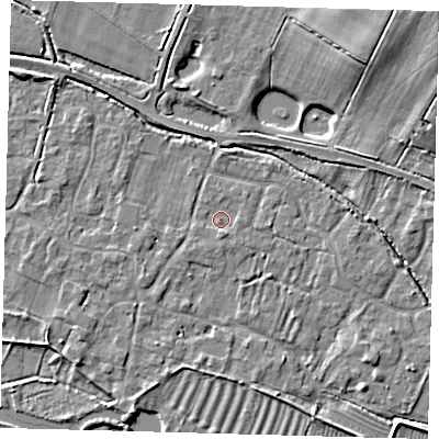 Shaded relief map of the ground around PE282JH, computed from Environment Agency LiDAR. The ground here sits at about 8 m above sea level and falls 20 m across the surrounding 800 m. Surface water reaching this point runs off ground lying to the south, 1.1 m higher.