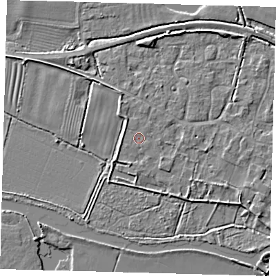 Shaded relief map of the ground around PE282JR, computed from Environment Agency LiDAR. The ground here sits at about 8 m above sea level and falls 4 m across the surrounding 800 m. The ground contributing surface water to this point lies to the north-north-west.