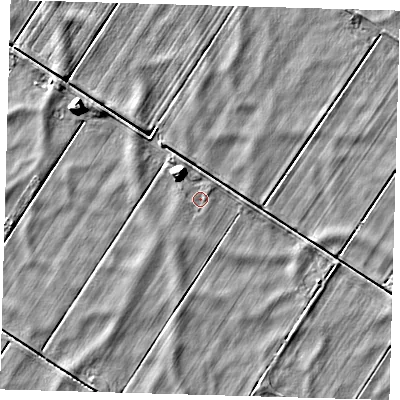 Shaded relief map of the ground around PE282JX, computed from Environment Agency LiDAR. The ground here sits at about -1 m above sea level and falls 6 m across the surrounding 800 m. Surface water reaching this point runs off ground lying to the north-west, 5.2 m higher.