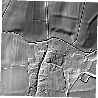 Shaded relief map of the ground around PE282NJ, computed from Environment Agency LiDAR. The ground here sits at about 22 m above sea level and falls 16 m across the surrounding 800 m. Surface water reaching this point runs off ground lying to the south-west, 13.1 m higher.