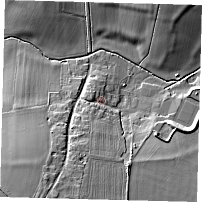 Shaded relief map of the ground around PE282NL, computed from Environment Agency LiDAR. The ground here sits at about 24 m above sea level and falls 18 m across the surrounding 800 m. Surface water reaching this point runs off ground lying to the south-south-west, 9.6 m higher.