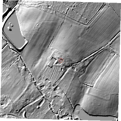 Shaded relief map of the ground around PE282PG, computed from Environment Agency LiDAR. The ground here sits at about 34 m above sea level and falls 16 m across the surrounding 800 m. Surface water reaching this point runs off ground lying to the north-east, 2.9 m higher.