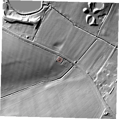 Shaded relief map of the ground around PE282PH, computed from Environment Agency LiDAR. The ground here sits at about 28 m above sea level and falls 13 m across the surrounding 800 m. Surface water reaching this point runs off ground lying to the west, 5.6 m higher.