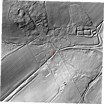 Shaded relief map of the ground around PE282PT, computed from Environment Agency LiDAR. The ground here sits at about 30 m above sea level and falls 15 m across the surrounding 800 m. Surface water reaching this point runs off ground lying to the south-south-east, 12.2 m higher.