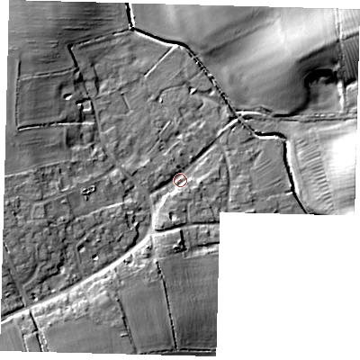 Shaded relief map of the ground around PE282QA, computed from Environment Agency LiDAR. The ground here sits at about 9 m above sea level and falls 20 m across the surrounding 800 m. Surface water reaching this point runs off ground lying to the south-west, 14.0 m higher.