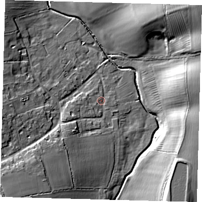Shaded relief map of the ground around PE282QB, computed from Environment Agency LiDAR. The ground here sits at about 9 m above sea level and falls 21 m across the surrounding 800 m. Surface water reaching this point runs off ground lying to the south-west, 6.3 m higher.