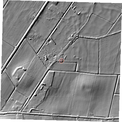 Shaded relief map of the ground around PE282TZ, computed from Environment Agency LiDAR. The ground here sits at about 1 m above sea level and falls 11 m across the surrounding 800 m. Surface water reaching this point runs off ground lying to the south-west, 1.5 m higher.