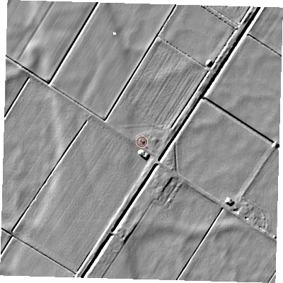 Shaded relief map of the ground around PE282UE, computed from Environment Agency LiDAR. The ground here sits at about 0 m above sea level and falls 5 m across the surrounding 800 m. Surface water reaching this point runs off ground lying to the south-south-east, 2.9 m higher.