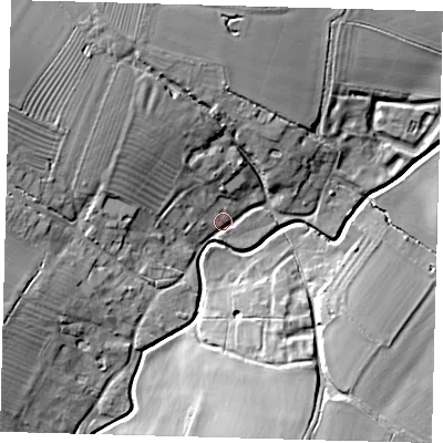 Shaded relief map of the ground around PE283AS, computed from Environment Agency LiDAR. The ground here sits at about 16 m above sea level and falls 17 m across the surrounding 800 m. Surface water reaching this point runs off ground lying to the north-west, 14.3 m higher.