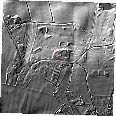 Shaded relief map of the ground around PE283DD, computed from Environment Agency LiDAR. The ground here sits at about 31 m above sea level and falls 24 m across the surrounding 800 m. Surface water reaching this point runs off ground lying to the south, 3.3 m higher.