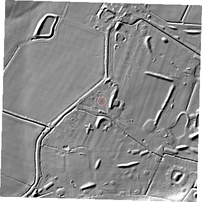 Shaded relief map of the ground around PE283DF, computed from Environment Agency LiDAR. The ground here sits at about 4 m above sea level and falls 11 m across the surrounding 800 m. Surface water reaching this point runs off ground lying to the east-south-east, 2.0 m higher.
