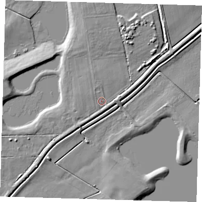 Shaded relief map of the ground around PE283DN, computed from Environment Agency LiDAR. The ground here sits at about 4 m above sea level and falls 7 m across the surrounding 800 m. Surface water reaching this point runs off ground lying to the west-north-west, 1.4 m higher.