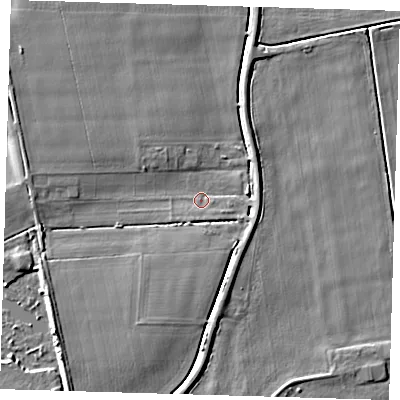 Shaded relief map of the ground around PE283DP, computed from Environment Agency LiDAR. The ground here sits at about 2 m above sea level and falls 7 m across the surrounding 800 m. Surface water reaching this point runs off ground lying to the east-south-east, 2.6 m higher.