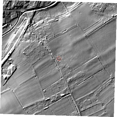 Shaded relief map of the ground around PE283DQ, computed from Environment Agency LiDAR. The ground here sits at about 9 m above sea level and falls 11 m across the surrounding 800 m. Surface water reaching this point runs off ground lying to the south-south-west, 3.6 m higher.