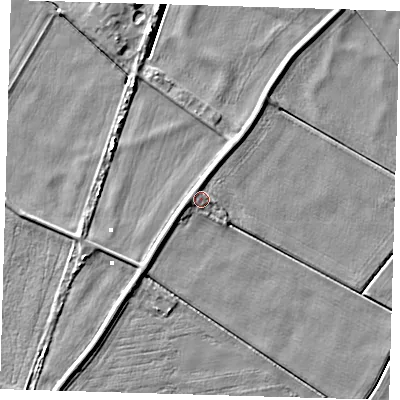 Shaded relief map of the ground around PE283DR, computed from Environment Agency LiDAR. The ground here sits at about 1 m above sea level and falls 5 m across the surrounding 800 m. Surface water reaching this point runs off ground lying to the north-west, 1.6 m higher.
