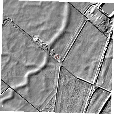 Shaded relief map of the ground around PE283DS, computed from Environment Agency LiDAR. The ground here sits at about -0 m above sea level and falls 4 m across the surrounding 800 m. Surface water reaching this point runs off ground lying to the east, 3.3 m higher.