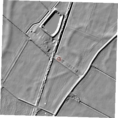 Shaded relief map of the ground around PE283DT, computed from Environment Agency LiDAR. The ground here sits at about 1 m above sea level and falls 5 m across the surrounding 800 m. Surface water reaching this point runs off ground lying to the south-east, 1.6 m higher.