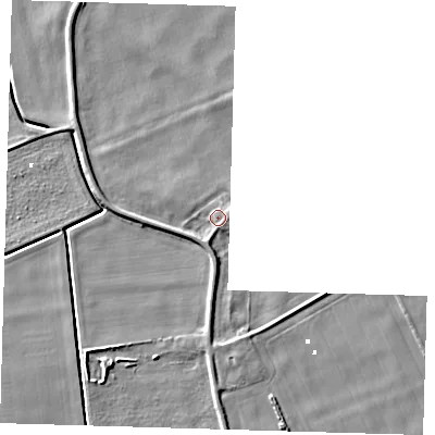 Shaded relief map of the ground around PE283DW, computed from Environment Agency LiDAR. The ground here sits at about 2 m above sea level and falls 5 m across the surrounding 800 m. Surface water reaching this point runs off ground lying to the east-south-east, 1.6 m higher.