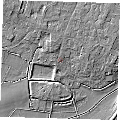 Shaded relief map of the ground around PE283EG, computed from Environment Agency LiDAR. The ground here sits at about 8 m above sea level and falls 9 m across the surrounding 800 m. Surface water reaching this point runs off ground lying to the north-north-west, 3.3 m higher.