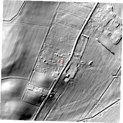 Shaded relief map of the ground around PE283ET, computed from Environment Agency LiDAR. The ground here sits at about 20 m above sea level and falls 26 m across the surrounding 800 m. Surface water reaching this point runs off ground lying to the west-north-west, 6.1 m higher.