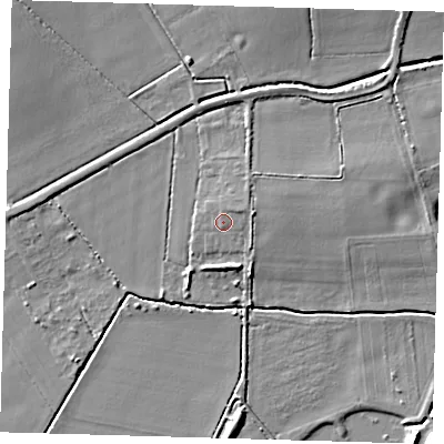 Shaded relief map of the ground around PE283FP, computed from Environment Agency LiDAR. The ground here sits at about 6 m above sea level and falls 7 m across the surrounding 800 m. Surface water reaching this point runs off ground lying to the north-east, 1.2 m higher.