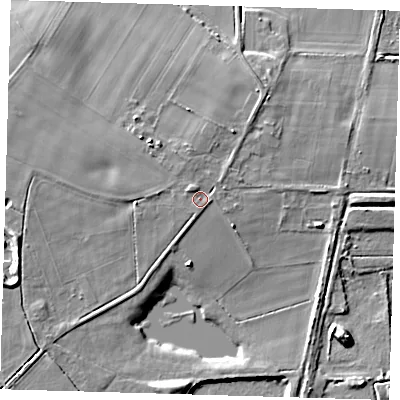 Shaded relief map of the ground around PE283HQ, computed from Environment Agency LiDAR. The ground here sits at about 4 m above sea level and falls 8 m across the surrounding 800 m. Surface water reaching this point runs off ground lying to the north-west, 2.1 m higher.