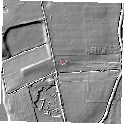 Shaded relief map of the ground around PE283HY, computed from Environment Agency LiDAR. The ground here sits at about 2 m above sea level and falls 7 m across the surrounding 800 m. Surface water reaching this point runs off ground lying to the west-north-west, 1.6 m higher.