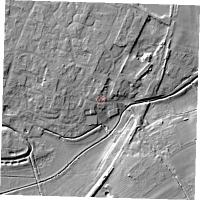 Shaded relief map of the ground around PE283JA, computed from Environment Agency LiDAR. The ground here sits at about 8 m above sea level and falls 9 m across the surrounding 800 m. Surface water reaching this point runs off ground lying to the north-north-west, 2.8 m higher.