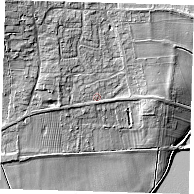 Shaded relief map of the ground around PE283LN, computed from Environment Agency LiDAR. The ground here sits at about 12 m above sea level and falls 20 m across the surrounding 800 m. Surface water reaching this point runs off ground lying to the west-north-west, 4.0 m higher.