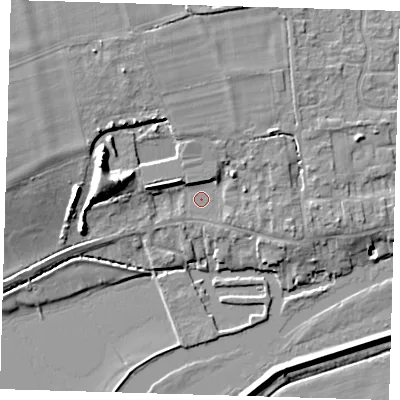 Shaded relief map of the ground around PE283PF, computed from Environment Agency LiDAR. The ground here sits at about 6 m above sea level and falls 12 m across the surrounding 800 m. Surface water reaching this point runs off ground lying to the west-north-west, 3.8 m higher.